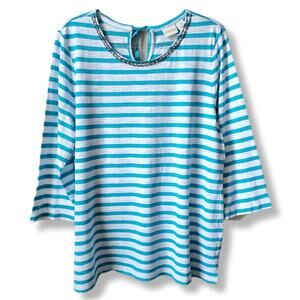 Chicos Aqua White Stripe Crystal Embellished Knit Top XL 3 Nautical Coastal NEW